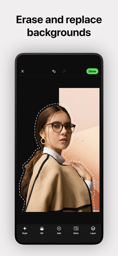 Ein Screenshot der Cutout Camera-App, der ein Porträt einer Frau zeigt, bei dem der Hintergrund mit KI entfernt und ersetzt wird.