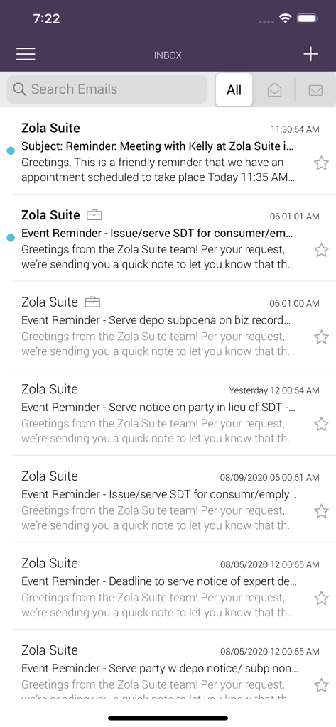 Interface of the CARET Legal mobile app showing an inbox with legal reminders and emails.