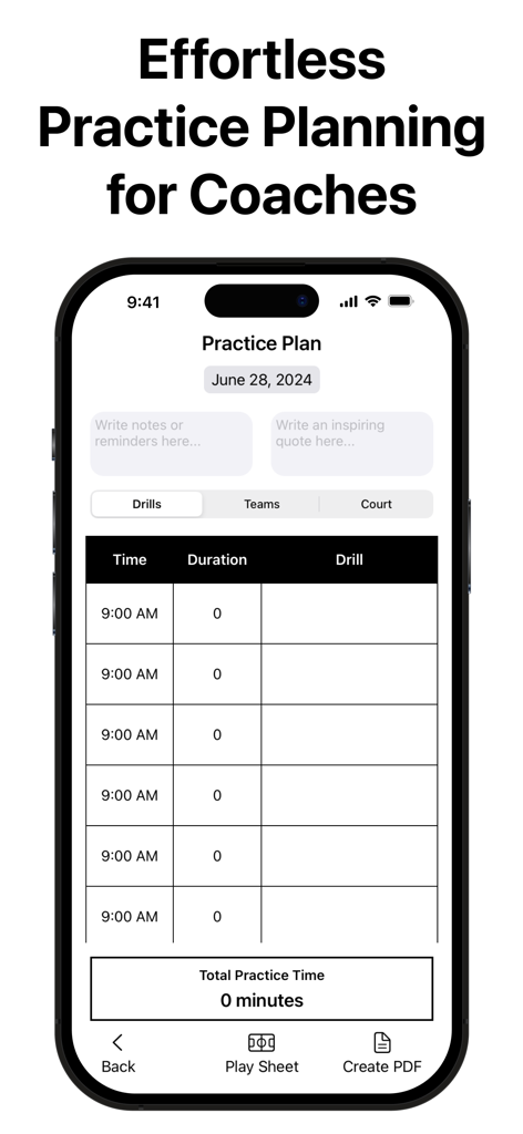 PracticePlanner - Coach Plan - Smartphone screen displaying the PracticePlanner app with a structured sports drill schedule.