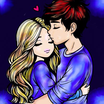a realistic couple boy and girl hugging and kissing