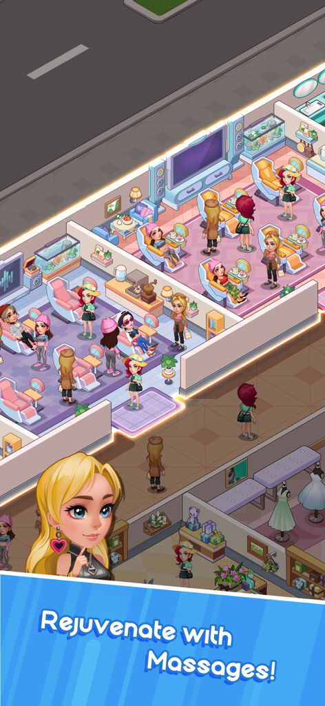 Idle Super Mall - Characters relaxing in a massage lounge and spa area within the Idle Super Mall simulation game.