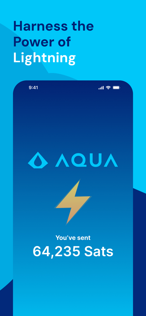 AQUA Wallet - Pantalla de transacción de la aplicación AQUA Wallet mostrando una transacción exitosa de 64235 Sats a través de la Red Lightning.