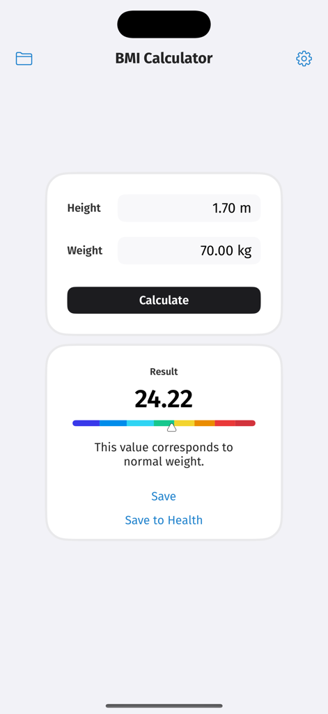 BMI Calculator - Quick & Easy - 정상 체중 결과 24.22를 보여주는 BMI 계산기 앱 인터페이스.