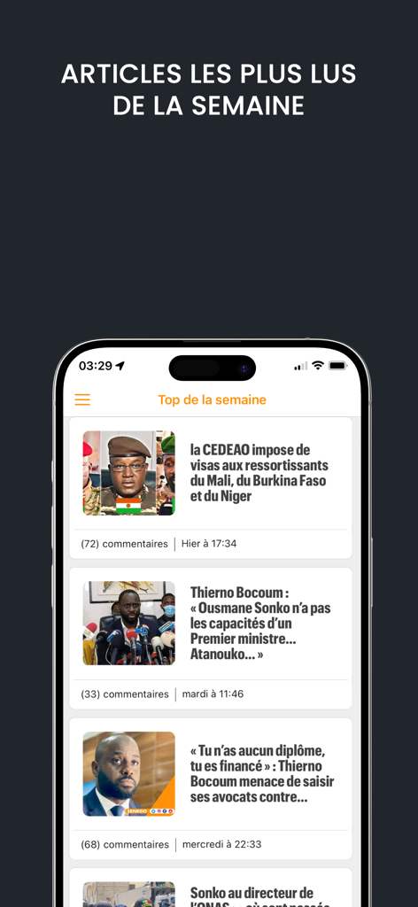 Senego: Actualité au Sénégal - iPhone screenshot of the Senego app displaying the most read news articles of the week in French regarding West African politics