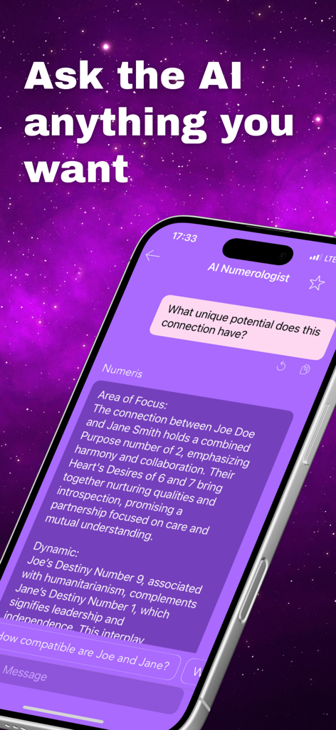 Pocket Numerology - A smartphone screen displaying a chat with the AI Numerologist in the Pocket Numerology app providing a relationship compatibility analysis.