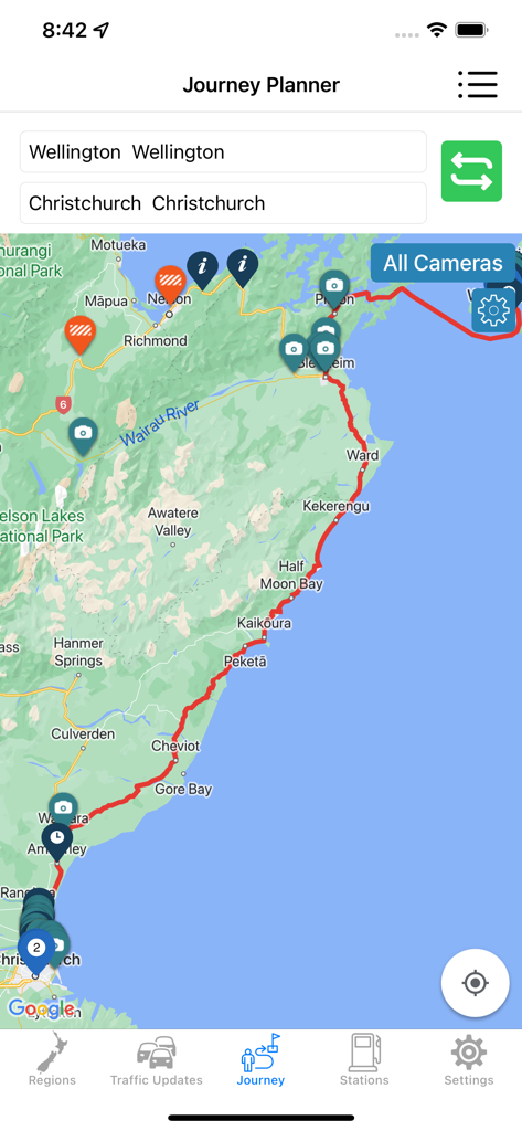 Screenshot of the NZ Traffic Cameras app showing a journey planner route from Wellington to Christchurch with traffic camera and incident icons on a map.