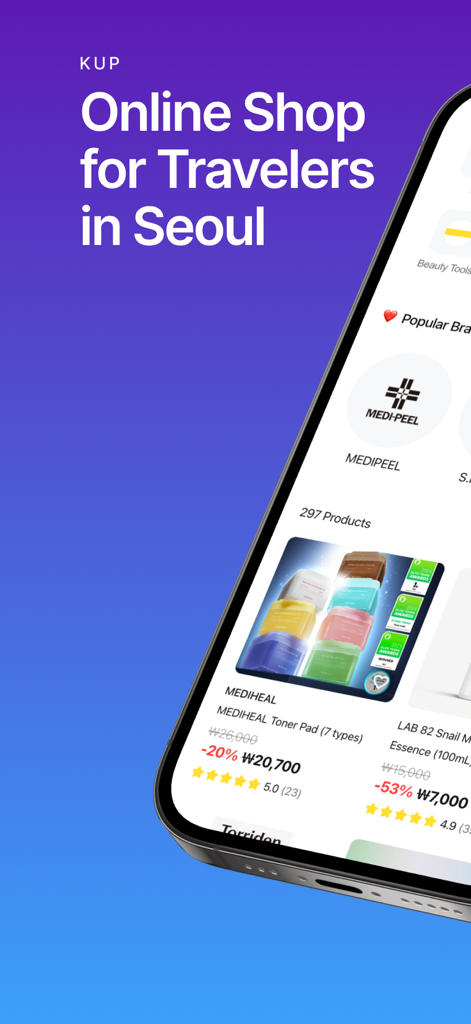 KuP – Shop & Deliver to Hotel - KuP app interface showing popular K-beauty brands and products for travelers in Seoul.
