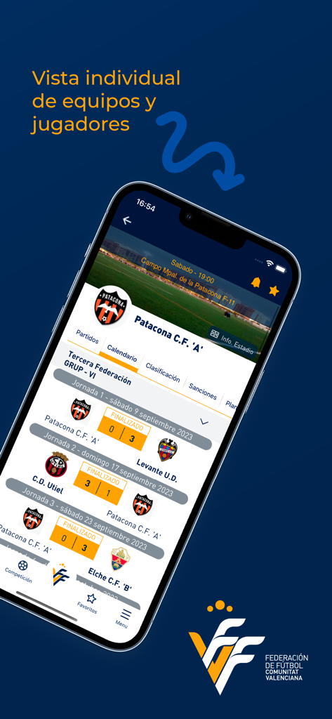 FFCV - FFCV mobile app interface displaying a specific football team profile with match results and standings