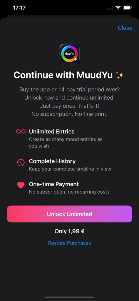 MuudYu - MuudYu app purchase screen showing benefits of a one-time payment for unlimited mood entries and complete history