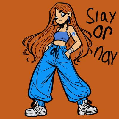 girl in baggy pants crop top and long hair