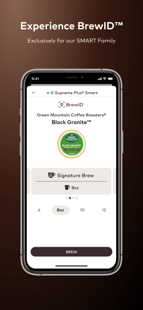 Keurig - Keurig app showing the BrewID feature identifying a Green Mountain Black Granite coffee pod for a smart brewer.