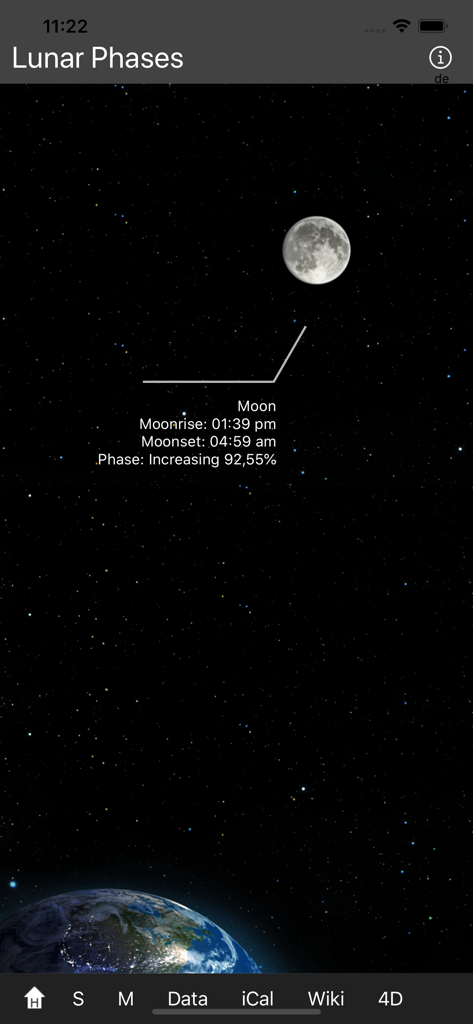 Interface of the Lunar Phases app showing moonrise and moonset data against a starry sky background
