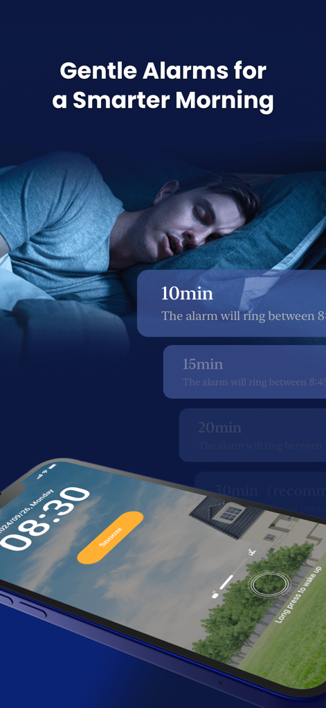 Sleep Monitor app smart alarm interface and snooze screen next to a sleeping man