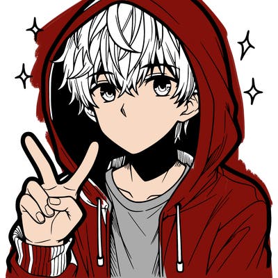 teenage manga boy in a hoodie, doing ✌