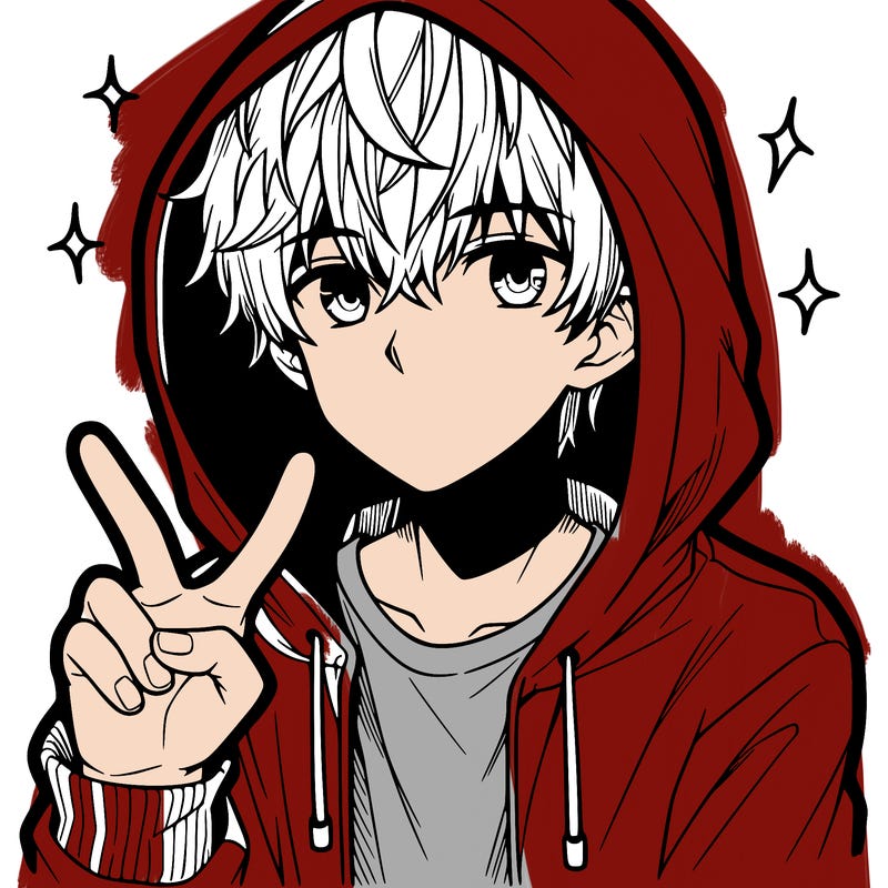 teenage manga boy in a hoodie, doing ✌