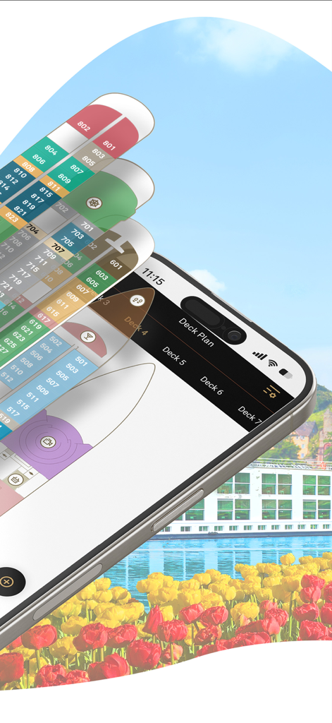 Scenic Luxury Cruises - A smartphone displaying the Scenic Luxury Cruises app showing interactive ship deck plans over a scenic background.