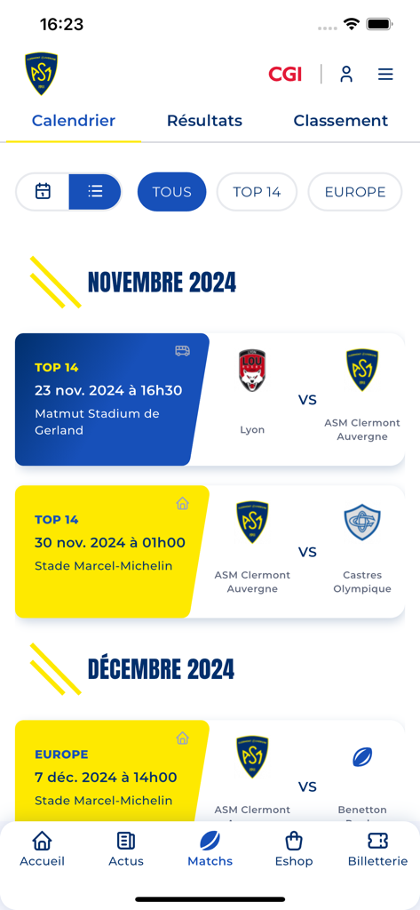 ASM Clermont Auvergne - Screenshot of the ASM Clermont Auvergne rugby app showing the match schedule and upcoming fixtures for November and December