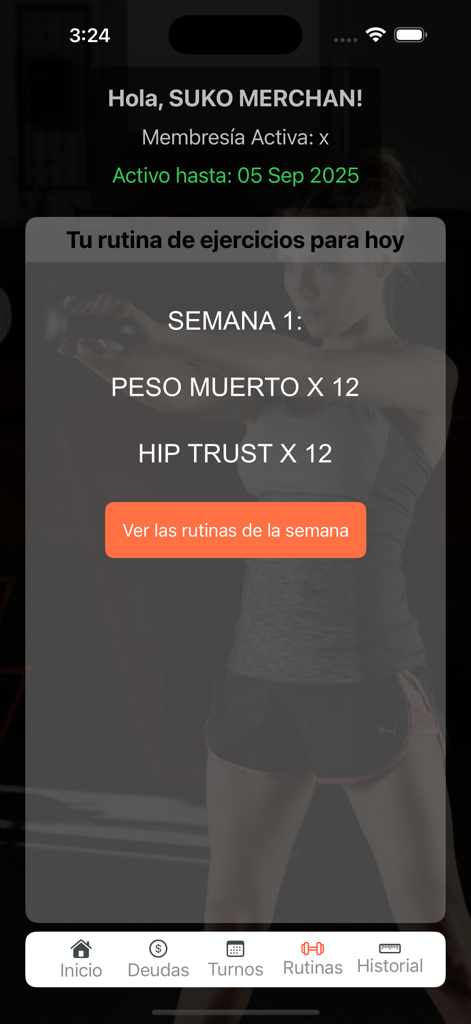 KlanbarzApp - Mobile app screen displaying a daily exercise routine for deadlifts and hip thrusts