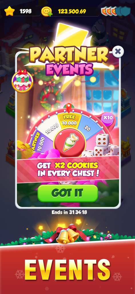 Piggy GO screen showing a partner events prize wheel with a festive holiday background