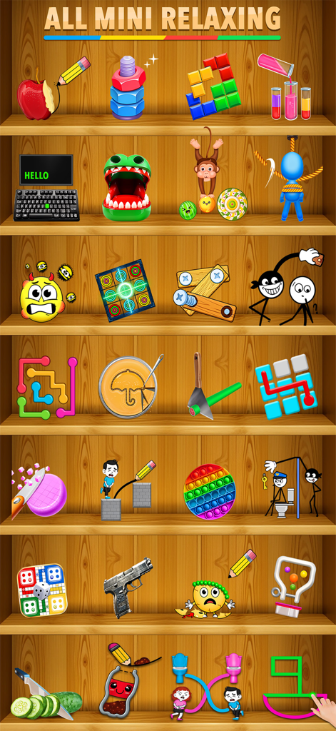 Una estantería de madera mostrando una diversa colección de iconos coloridos de mini juegos antiestrés y relajantes