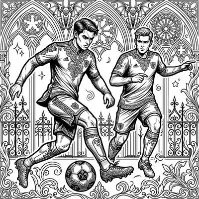 Experience the unexpected fusion of sports and dark elegance with this Gothic Strikers coloring page. Intricate details of soccer players and Victorian-inspired architecture await your artistic touch.