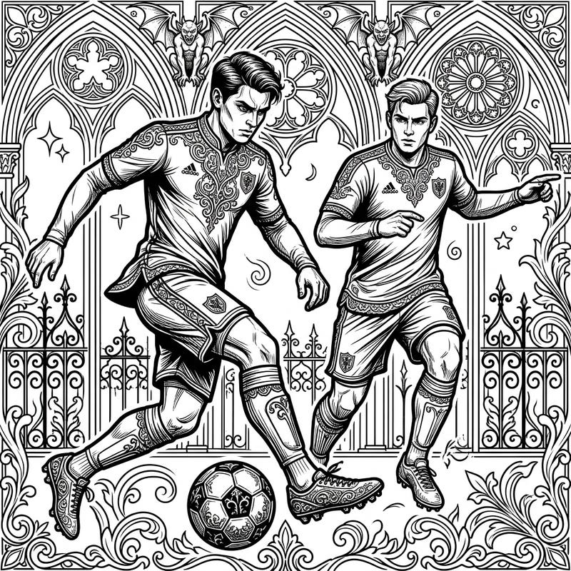 Experience the unexpected fusion of sports and dark elegance with this Gothic Strikers coloring page. Intricate details of soccer players and Victorian-inspired architecture await your artistic touch.
