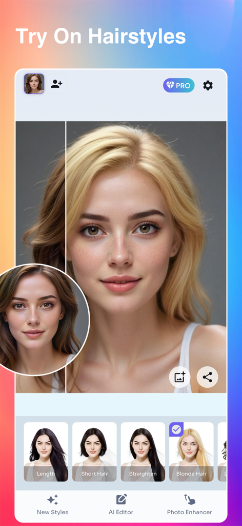 OLyne: AI Photo Editor, Art - OLyne AI photo editor interface showing a virtual blonde hairstyle try on transformation