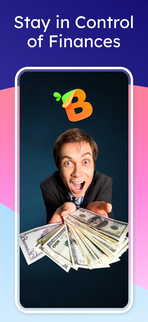 Banksola: Budget Planner - Un hombre emocionado sosteniendo un abanico de dinero con el logo de Banksola y el texto 'mantén el control de tus finanzas'.