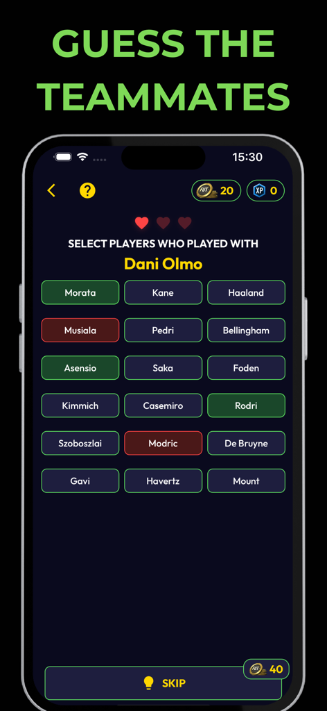 Screenshot of the Guess the Teammates game mode in the Footy Games app showing a player connection challenge.