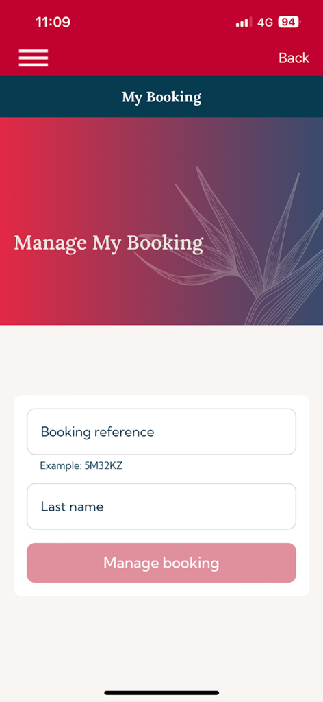 Air Mauritius mobile app manage my booking interface with fields for booking reference and last name.