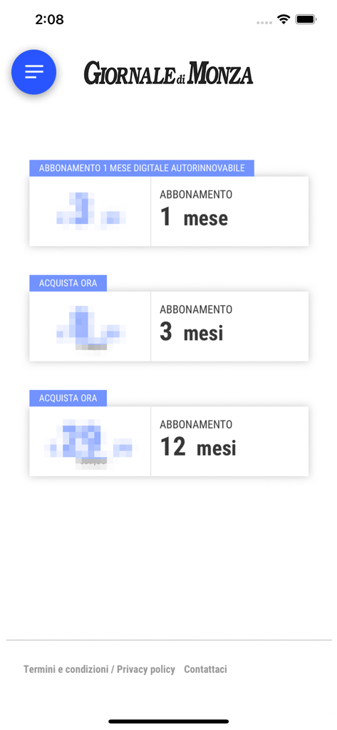Il Giornale di Monza Digitale - Schermata dell'app mobile che mostra le opzioni di abbonamento digitale per Il Giornale di Monza, inclusi piani mensili e annuali