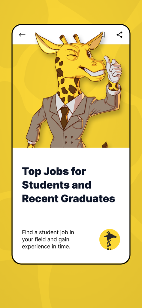 DING Jobs - Student Jobs - Um mascote de girafa piscando, vestindo um terno, promovendo oportunidades de emprego para estudantes e recém-formados.