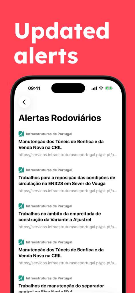 PortuGAS - Fuel Prices PT - Schermata dell'app PortuGAS che mostra avvisi stradali aggiornati e informazioni sulla manutenzione del traffico in Portogallo