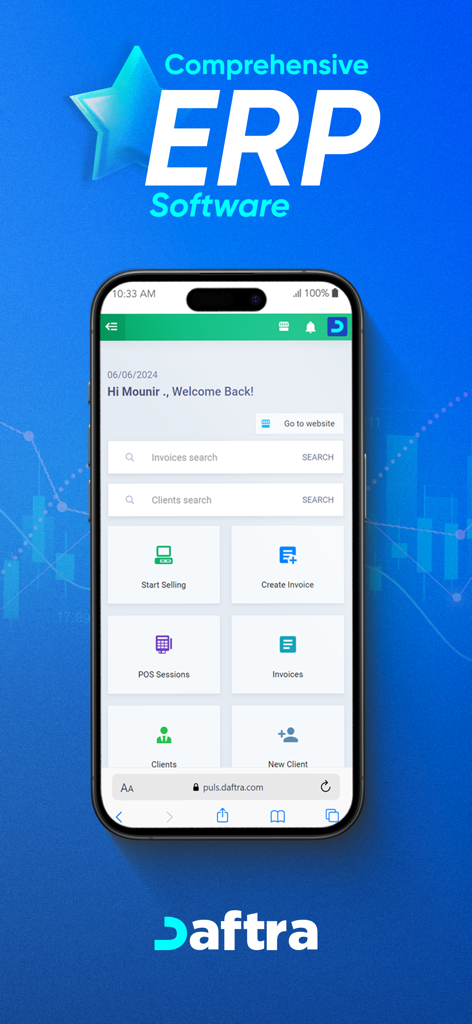 دفترة - برنامج المحاسبة - Daftra ERP software dashboard showing sales and invoicing tools on a smartphone