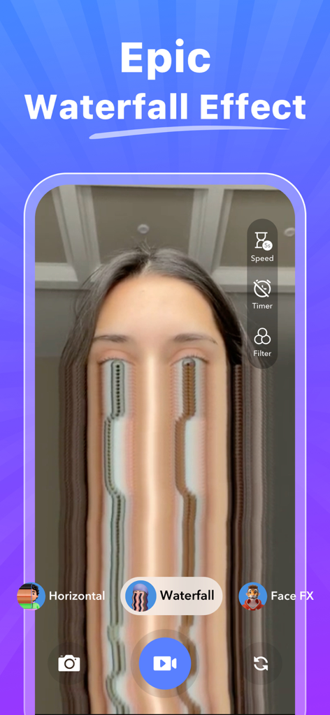 Time Warp Scan - TimeWarp - A woman using the Waterfall Effect scan to create a funny vertical face distortion in the Time Warp app.
