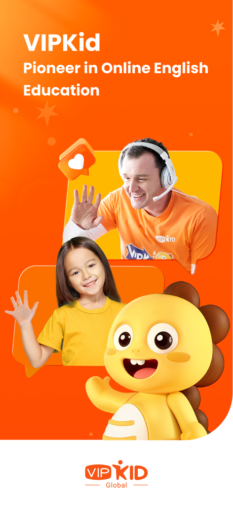 VIPKid - Un tuteur nord-américain et un jeune élève souriant pendant un cours d'anglais en ligne avec la mascotte dinosaure de VIPKid.