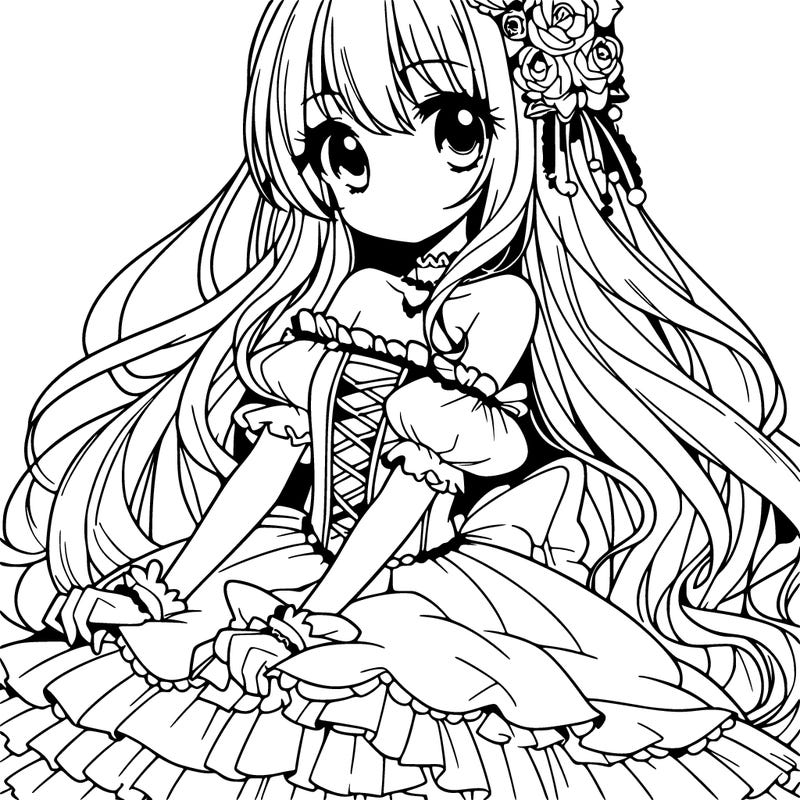 manga princess in fluffy dress with long hair
