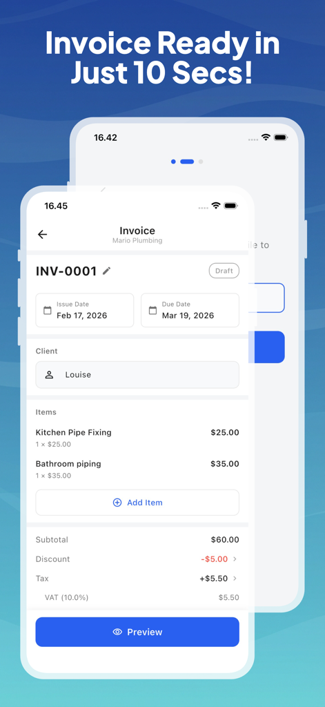 MB Invoice Maker - MB Rechnungs-Ersteller mobile App-Oberfläche mit einer professionellen Klempnerrechnung mit aufgeschlüsselten Dienstleistungen und Beträgen.