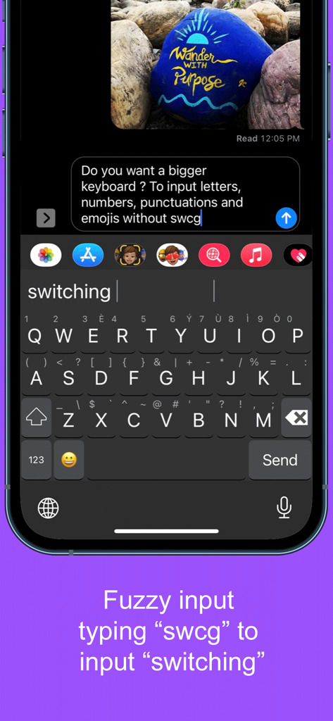 Screenshot showing fuzzy input on the Highlighted Large Keyboard app where typing swcg suggests switching