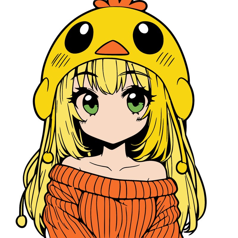 anime girl with chick shaped hat with sweater with bare shoulders with bangs covering them one eye with low tail