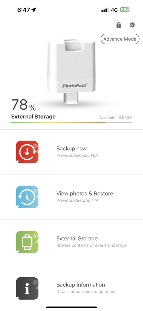 PhotoFast ONE - Panel de la aplicación PhotoFast ONE mostrando el estado del almacenamiento externo y las opciones de copia de seguridad