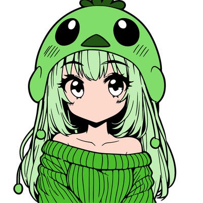 anime girl with chick shaped hat with sweater with bare shoulders with bangs covering them one eye with low tail