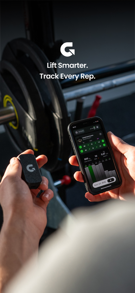 Gpath - Aplicación y pin de hardware Gpath rastreando la velocidad de levantamiento de pesas y repeticiones en un gimnasio