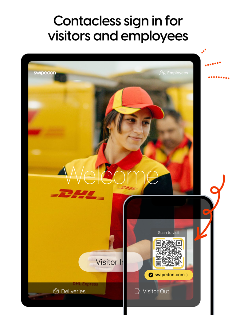 A smartphone scanning a QR code on an iPad screen for contactless visitor and employee sign in