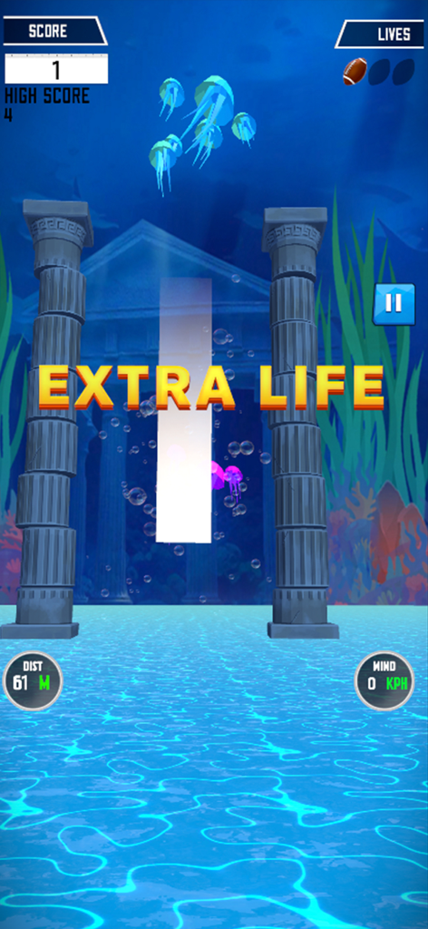 Gameplay screenshot of Touchdown 2025 Rugby Games 3D featuring an underwater level with jellyfish and an extra life reward