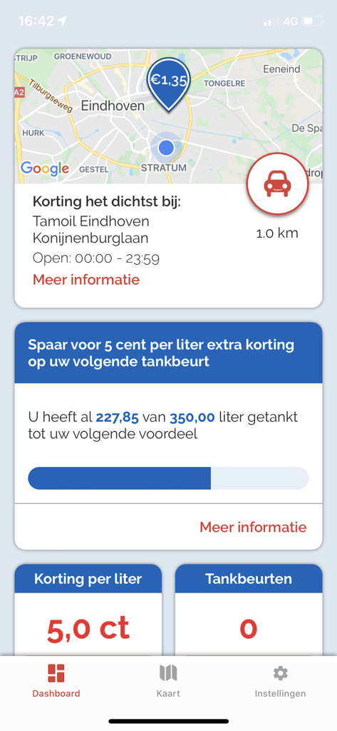 Panel de la aplicación móvil Tamoil que muestra un mapa de estaciones de servicio en Eindhoven y una barra de progreso de ahorros de fidelidad