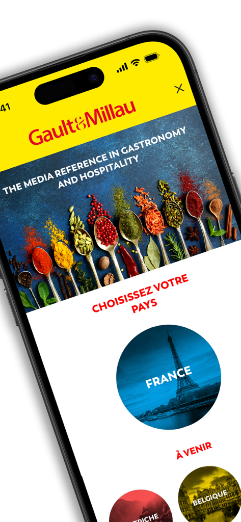 Gault&Millau France - Gault and Millau mobile app interface on iPhone showing the country selection screen for luxury gastronomy guides