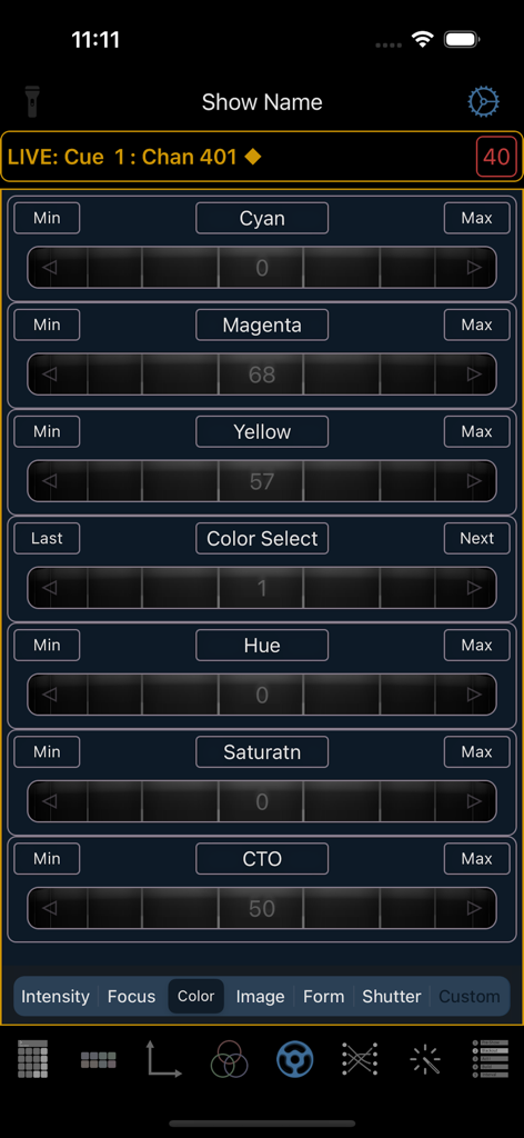 Interface showing virtual color encoders for CMY and HSL controls in the Eos Remote app.