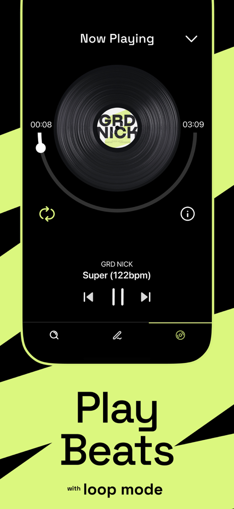 Fast Rhymes Songwriting Studio - Interfaz del reproductor de música de la aplicación Fast Rhymes mostrando un beat de disco de vinilo titulado 'Super' con el modo de bucle activado