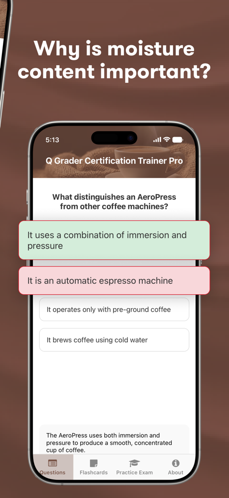 Screen showing a coffee-related multiple choice question in the Q Grader Trainer Pro app
